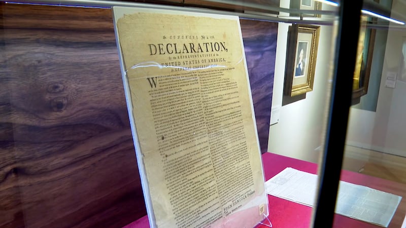 A copy of the Declaration of Independence, printed by Robert Luist Fowle in July 1776, sits on...