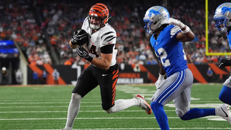 Cincinnati Bengals tight end Jack Endries (84) scores on a four-yard touchdown reception...