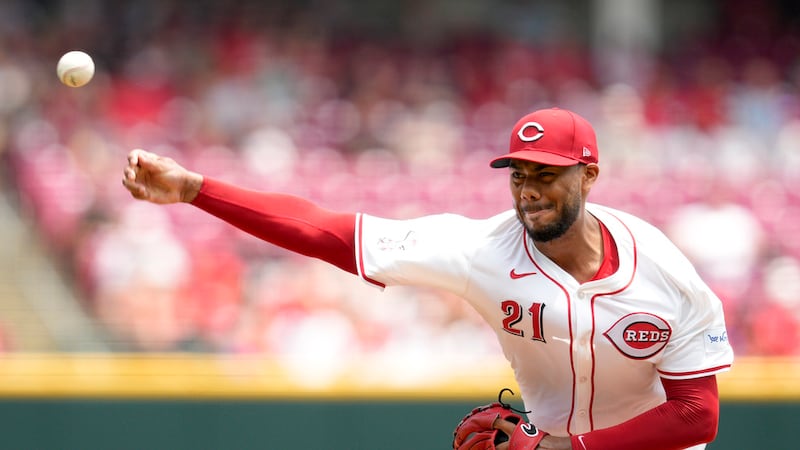 Cincinnati Reds pitcher Hunter Greene throws during the third inning of a baseball game...